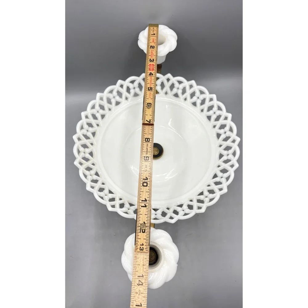 Vtg Westmoreland Milk Glass‎ Centerpiece Lace Edge Bowl Candle Holders Wood Base